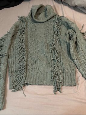 Fashion Nova Fringe Cable Turtleneck Sweater in Sage
